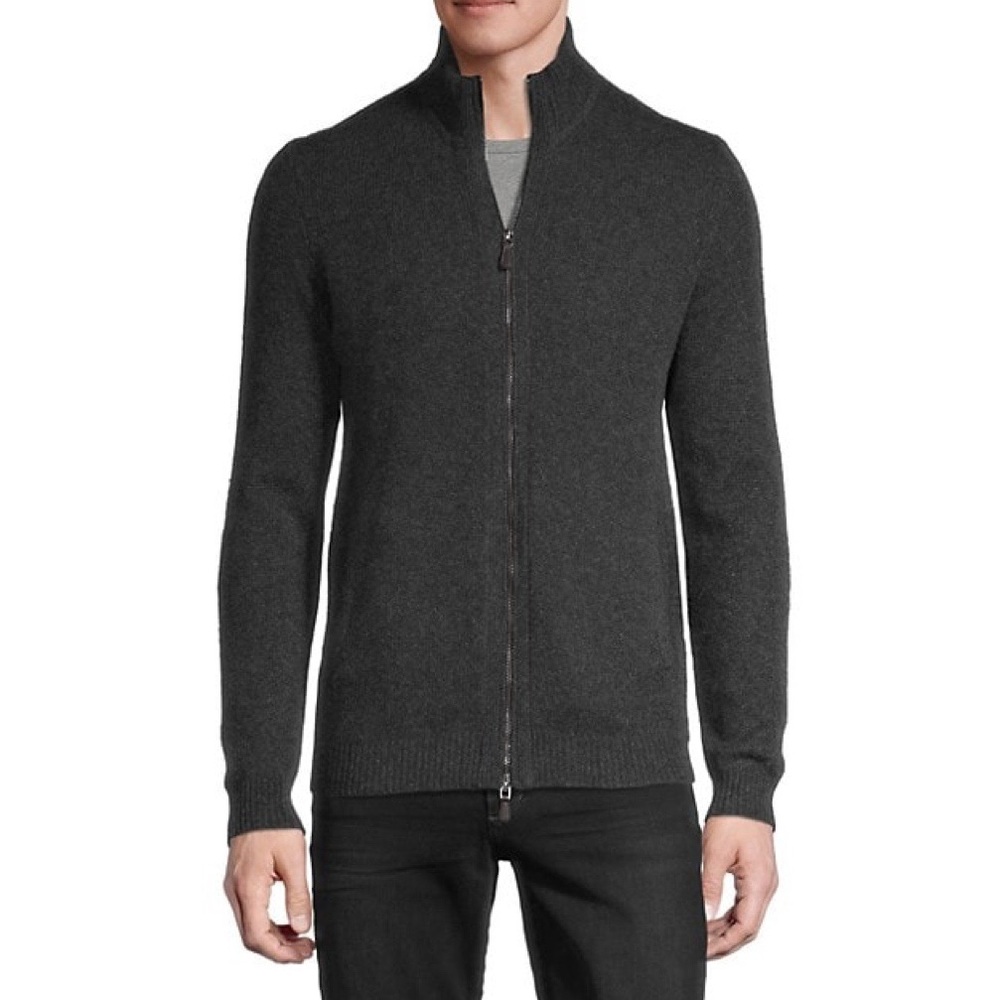 PRADA Grey Wool Cashmere Knit Zip Up High Collar Cardigan w Leather Patch Elbows